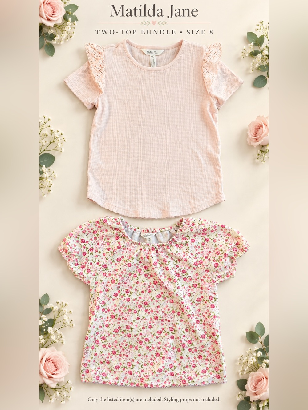 Matilda Jane Girls Size 8 Top Bundle Pink Crochet Ruffle & Floral Short Sleeve